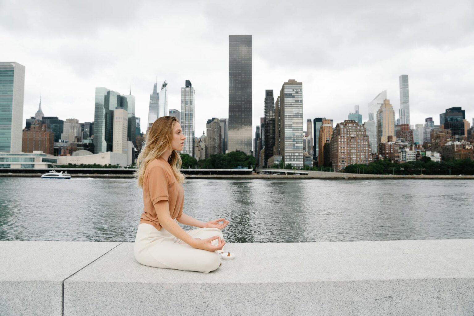 Professional taking a mindful break in modern office space