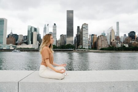 Professional taking a mindful break in modern office space