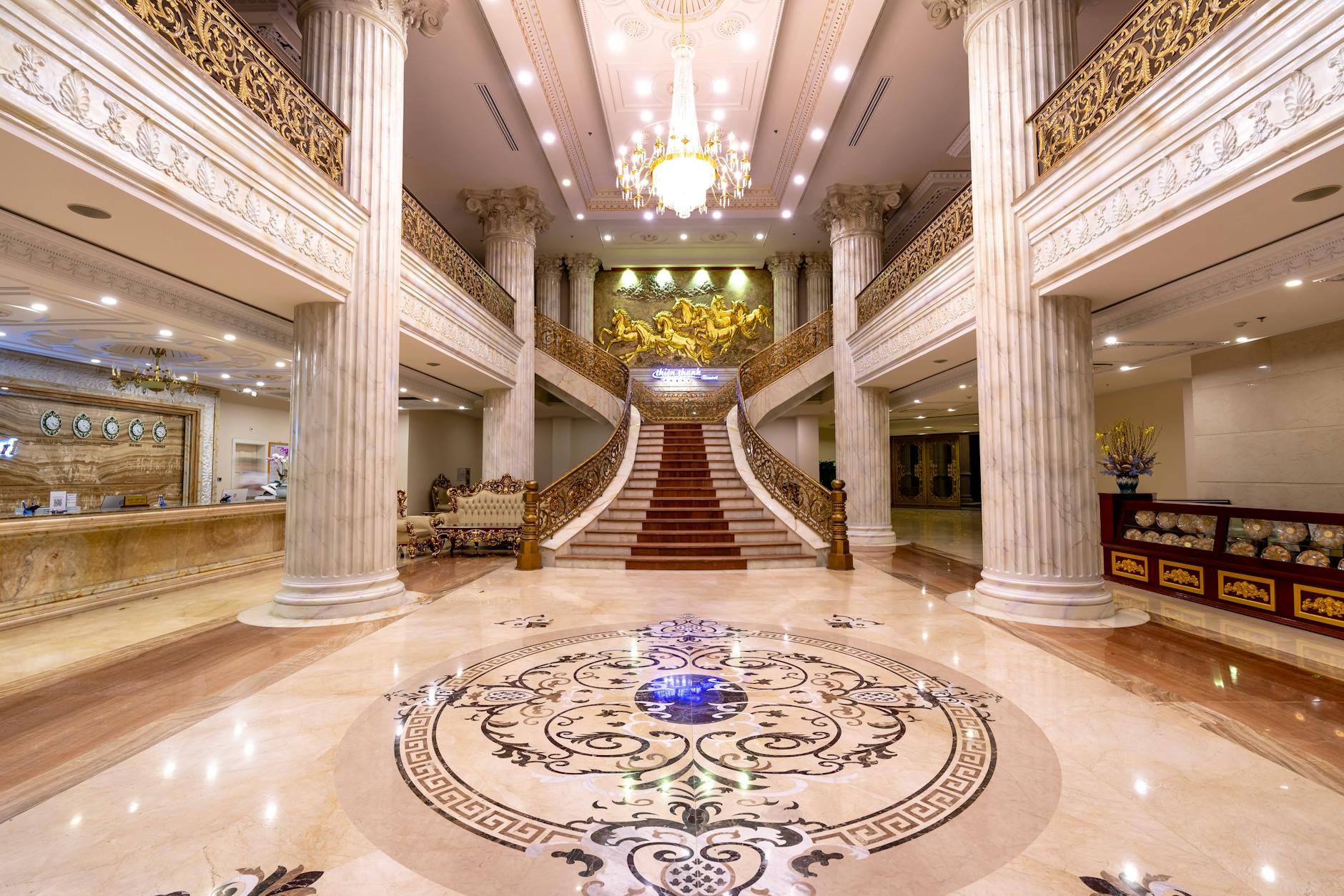 Elegant hotel lobby interior with modern furnishings and lighting