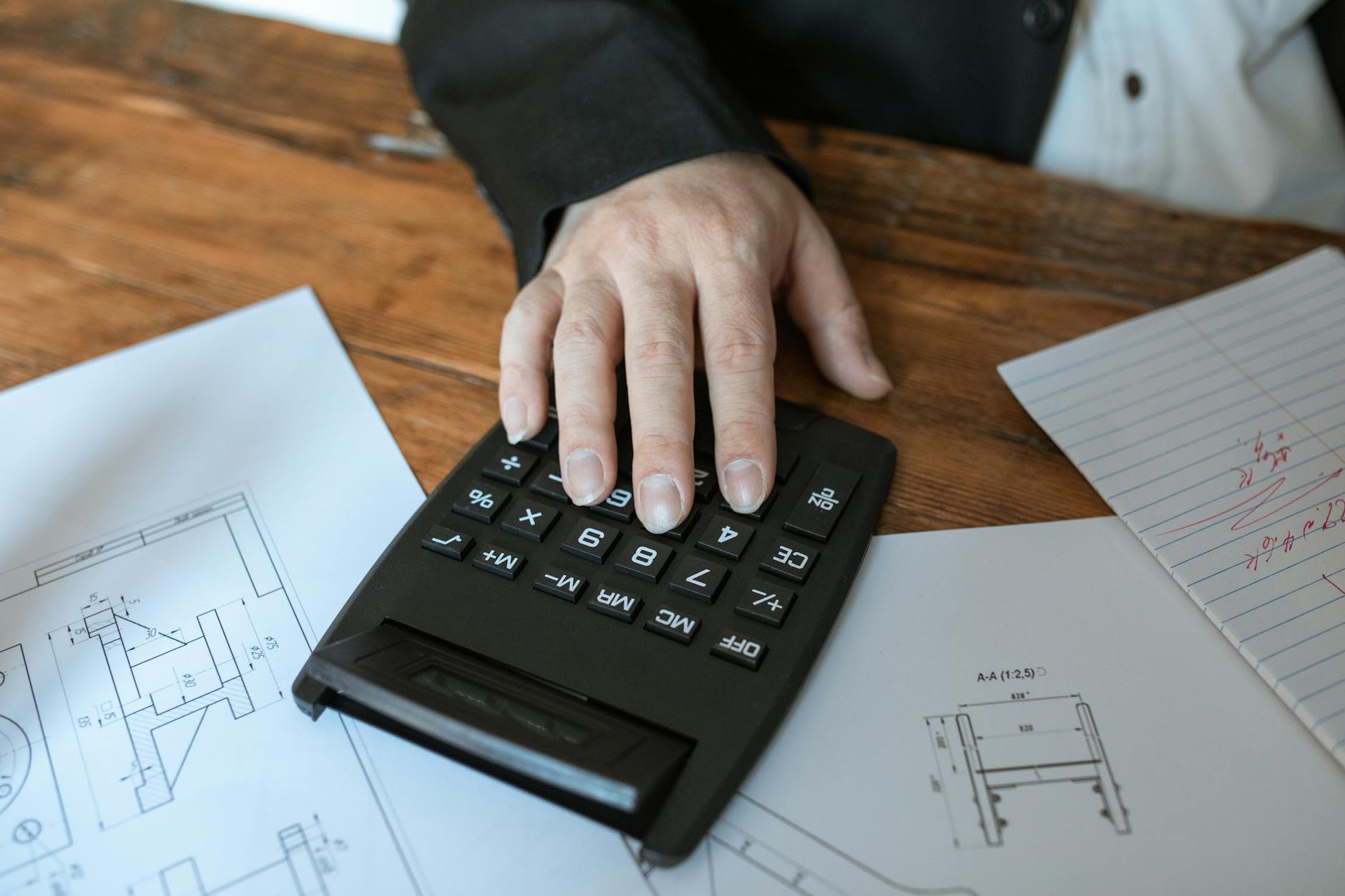 Financial calculator and business papers showing budget calculations and cost analysis
