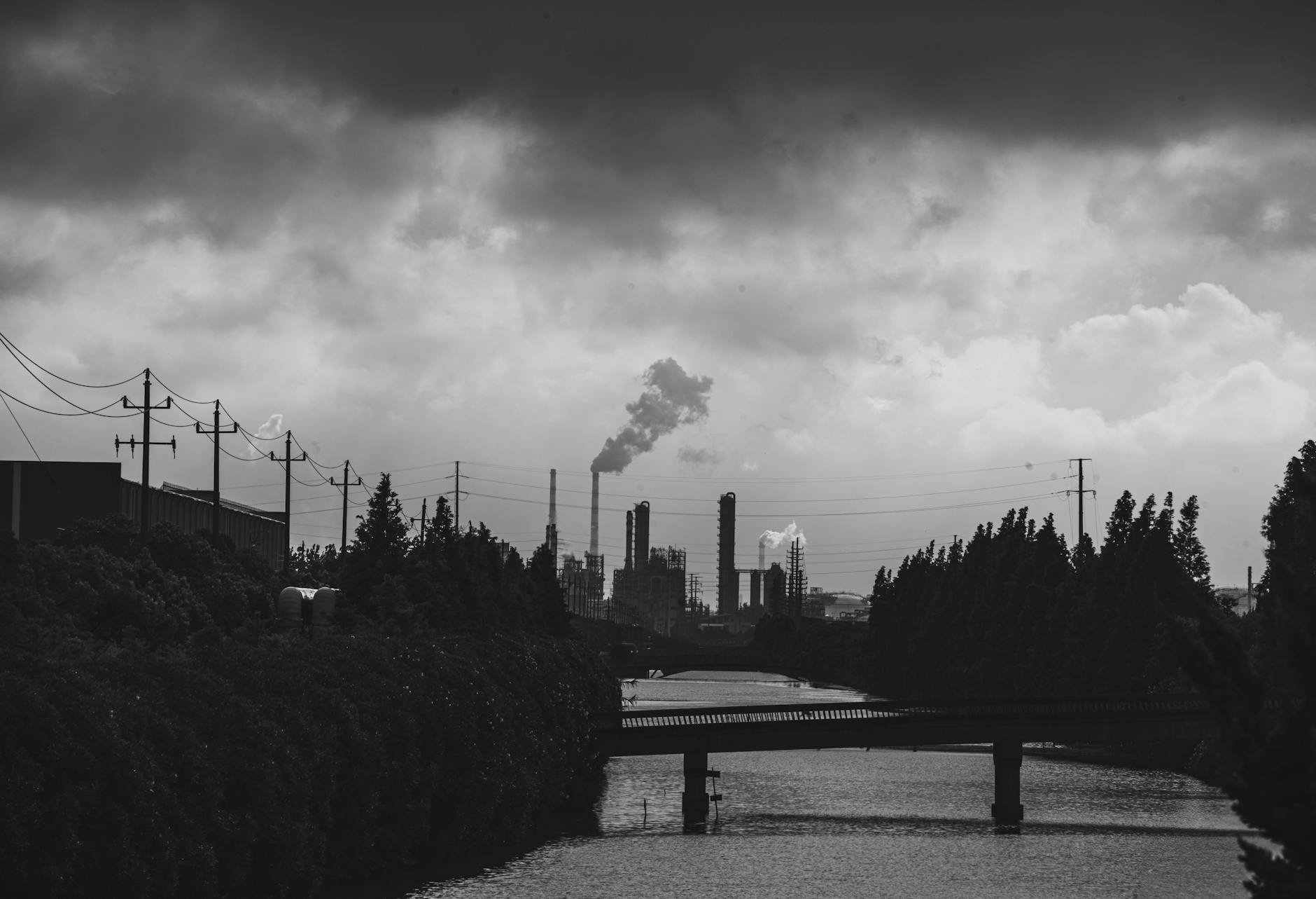 Industrial facility with smokestacks and manufacturing equipment