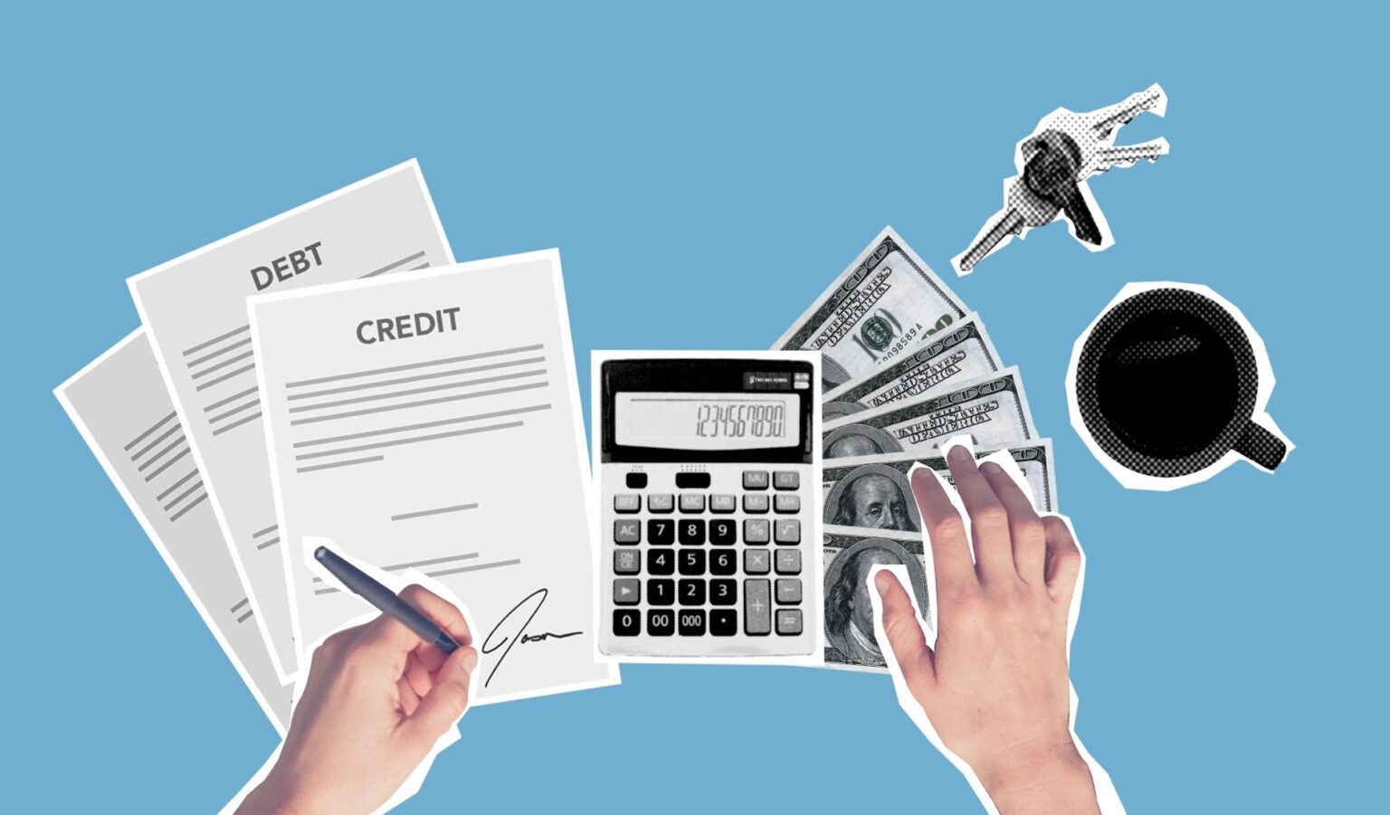 Business loan documents and financial paperwork spread across an office desk