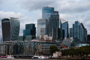 Aerial view of London financial district representing UK gilt market activity