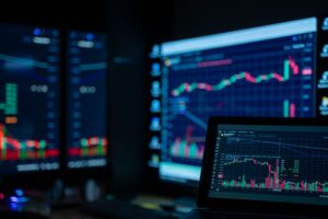 Financial trading screens displaying credit market data and index spread movements